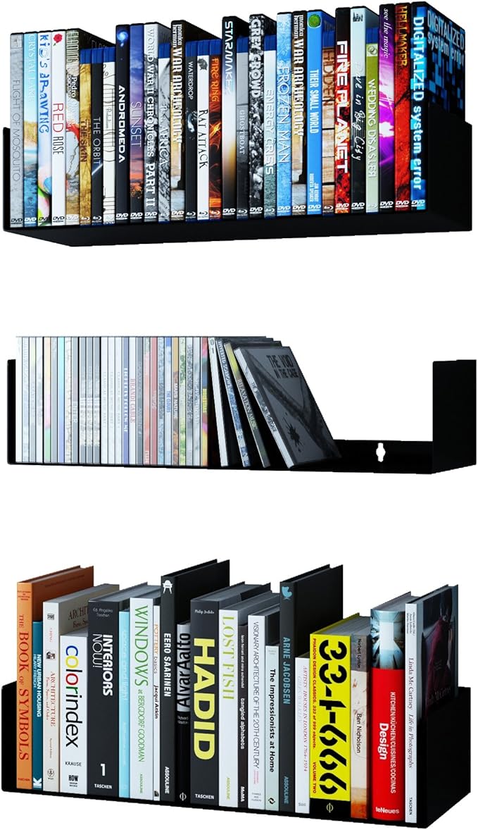 Wallniture Bali Black Bookshelf and CD DVD Storage Shelf Set of 3, Metal Floating Book Shelves for Wall