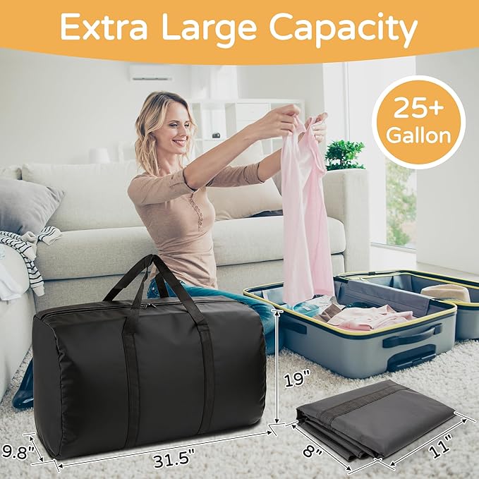 2 Pack 96L Extra Large Moving Bags with Zippers & Carrying Handles for Storage, Packing, Traveling, Camping, Langdry, Big Heavy Duty Moving Totes Bags for Clothes, Supplies and Space Saving Black