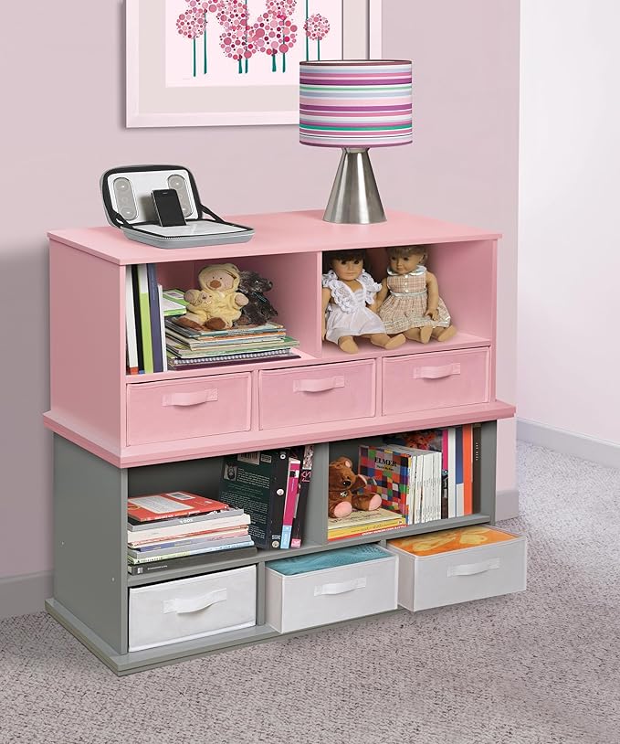 Badger Basket Stackable Toy Storage Organizer - 5-Shelf Modular Unit with 3 Removable Fabric Bins, Solid Panel Construction, Expandable Design for Toys and Crafts - Pink