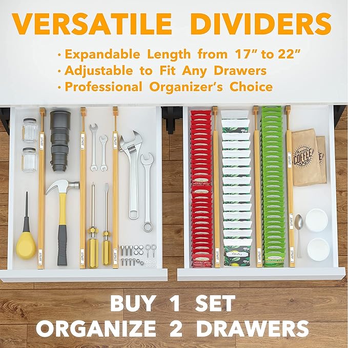 SpaceAid Bamboo Drawer Dividers with Labels, Kitchen Adjustable Drawer Organizers, Expandable Organization for Home, Office, Dressers and Bathroom, 6 Dividers (17-22 in) (Pack of 2)