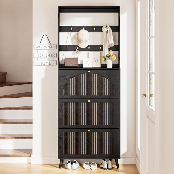 Fsbecl Shoe Cabinet for Entryway with 3 Flip Drawers & Coat Rack, Narrow Hidden Shoe Storage Cabinet with Fluted Panel, 2-in-1 Hall Tree Slim Freestanding Shoe Rack Organizer for Hallway, Black