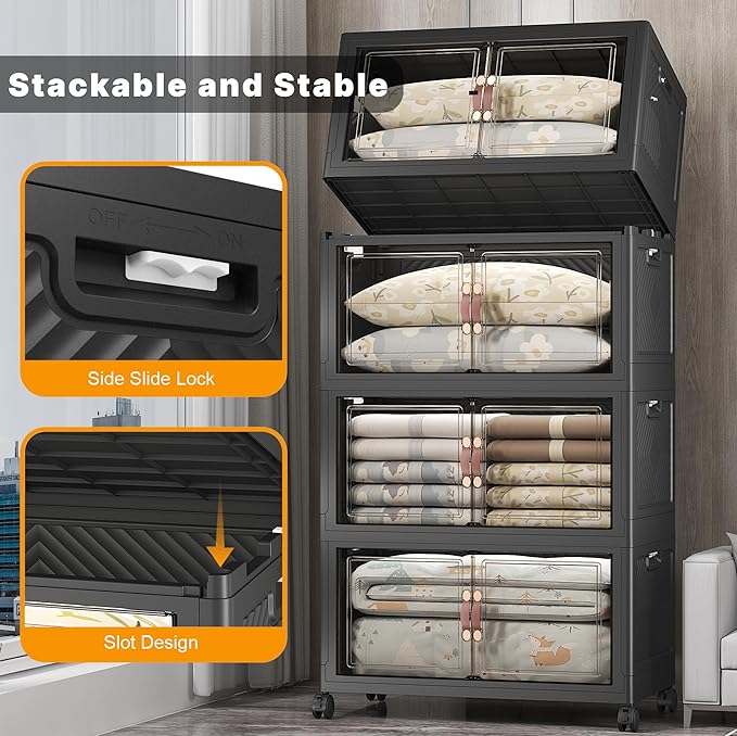 UAMFURI Stackable Storage Bins with Lids & Wheels & Door, Foldable Collapsible Closet Organizers, Extra Large Plastic Storage Drawers for Bedroom Dorm Office Garage (Dark-160qt, 4Pack with 1 top lid)