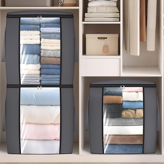 TasticTotes 120L Extra Large Clothes Storage Bags, Foldable Blanket Storage and Organization, Thick Fabric Containers with Reinforced Handles & Zippers for Clothing, Comforters, Bedding, Gray, 2 Pack
