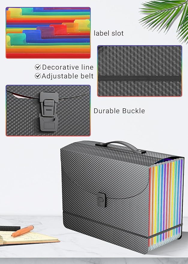 Expanding File Folder/Accordion File Organizer/Portable File Box with 13 Pockets,Fun Storage Filing Folders with Handle,Perfect for Standing and Carrying,A4/Letter Size,Colored Tabs,Black Diamond