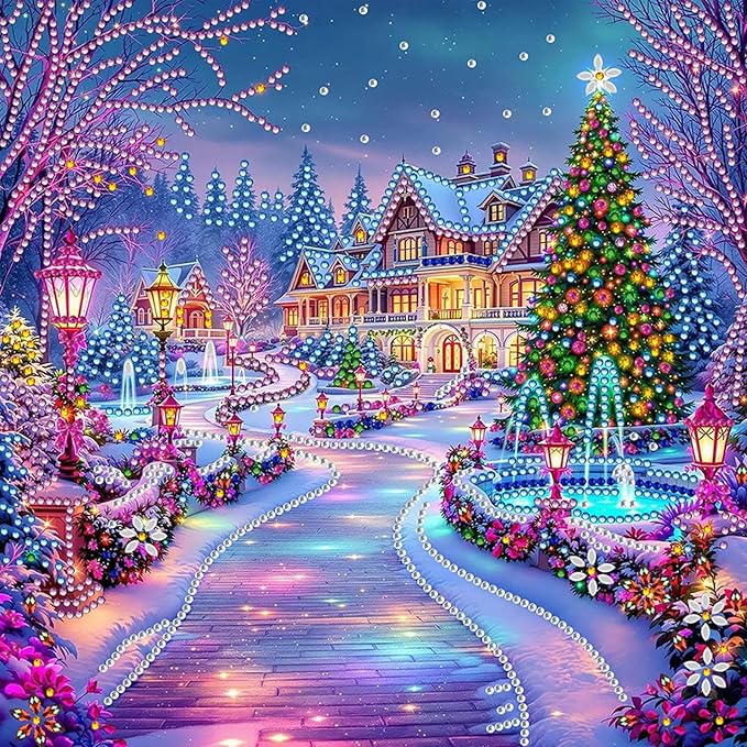 5D Christmas House Special Shape Diamond Art Kits for Beginners, Christmas Winter Theme Diamonds Painting Kits for Adults,DIY Crystal Rhinestones Diamond Paintings for Home Wall Decor 12×12Inch