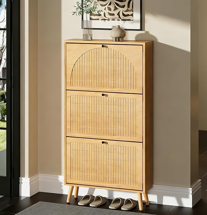 Fsbecl Shoe Storage Cabinet for Entryway with 3 Flip Drawers, Narrow Shoe Organizer with Fluted Panel, Freestanding Wood Hidden Shoe Cabinet for Hallway (Wood Color, 23.6''W, Single Layer)