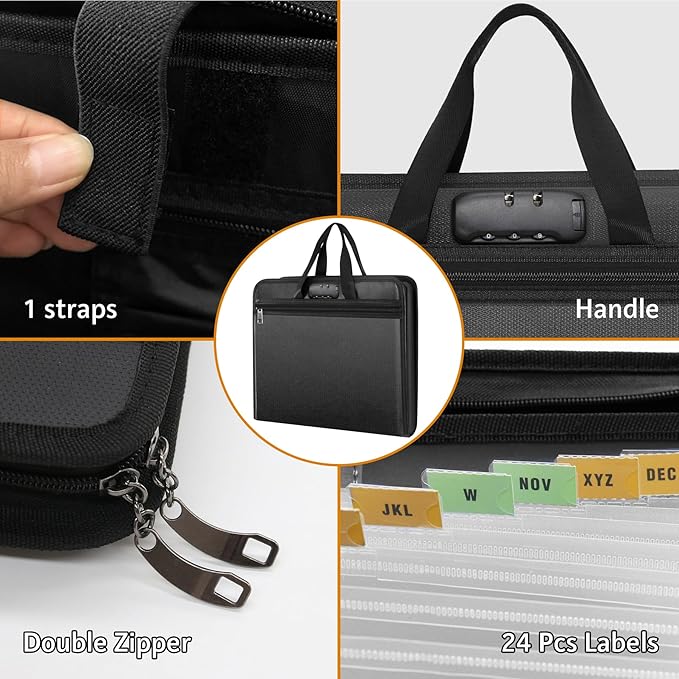 onvvippiv File Organizer Fireproof Expanding Accordion File Folder with Lock Zipper Labels13 Pockets Document Organizer Holder Storage Box Bag for Business Office Receipt Home Travel