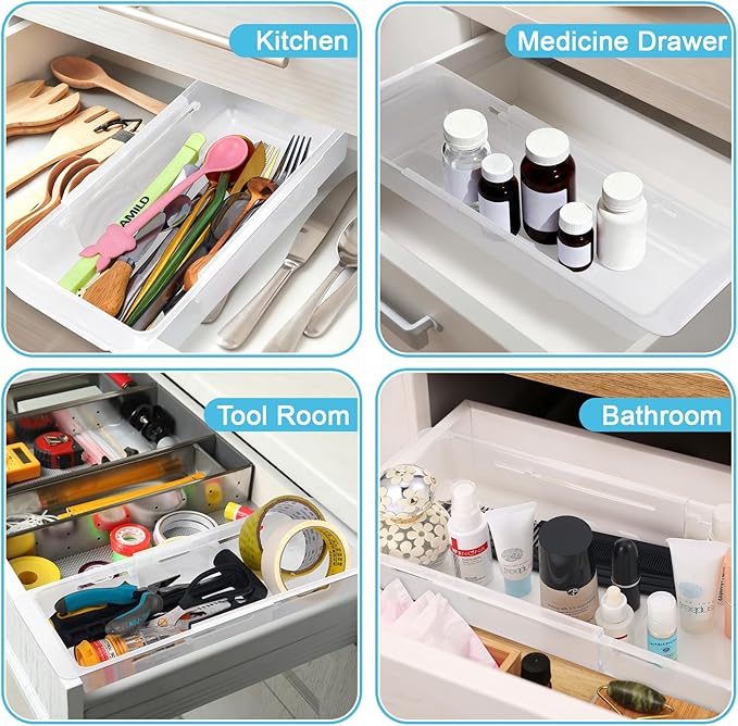 4 PCS Deep Drawer Organizer Bin Adjustable Sliding Drawer Organizers Clear Expandable Transparent Organizer Trays for Home Office Kitchen Makeup Storage Tools
