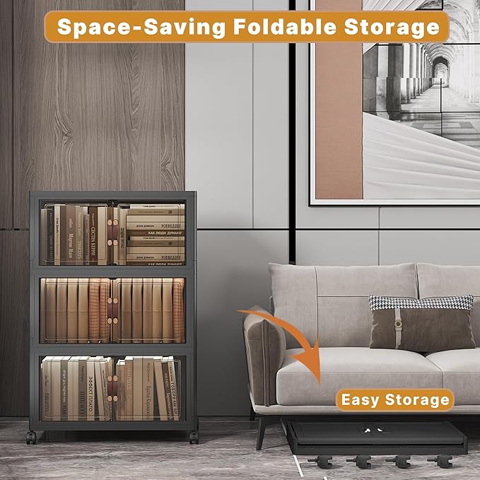 UAMFURI Extra Large Stackable Storage Bins with Lids & Wheels, Foldable Collapsible Closet Organizers Dark Storage Cabinet with Doors for Bedroom Dorm