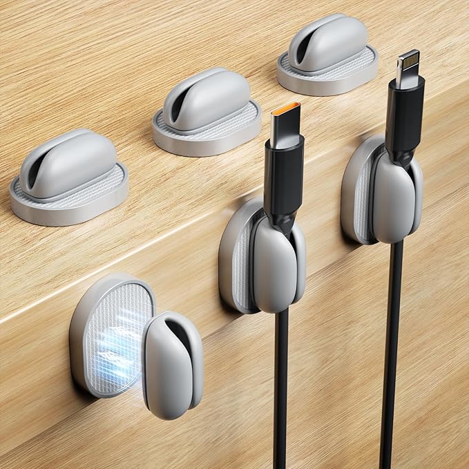 6 Pack Magnetic Cable Clips, Adjustable Cord Holder for Under Desk Cable Management, Adhesive Charger Wire Organizer Keeper for Home Office Desk Phone Car Wall Desktop Nightstand (Gray)