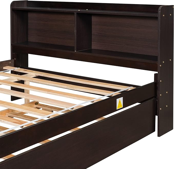 Harper & Bright Designs Full Size Bed Frame with Bookcase Headboard, Wooden Full Size Platform Bed with Trundle and Storage for Kids Girls Boys, No Box Spring Needed, Easy Assembly, Espresso