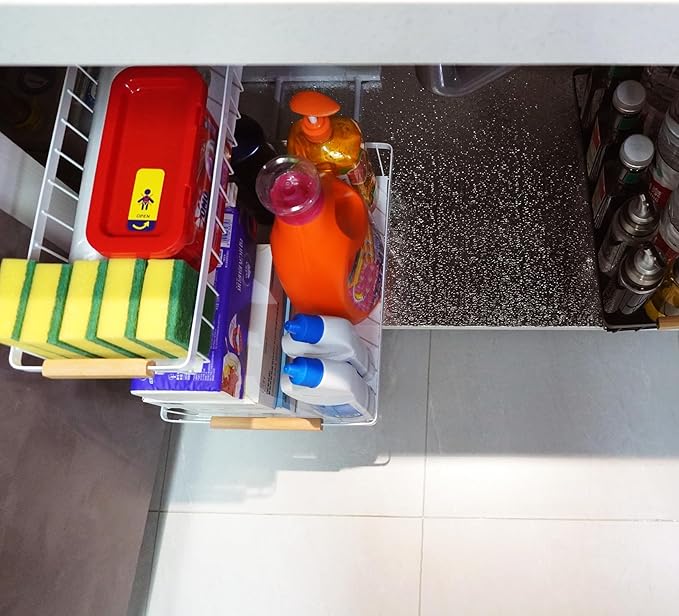 Under Sink Organizer 2 Pack, 2 Tier Pull Out Cabinet Organizers and Storage for Kitchen Bathroom Pantry Laundry, Adjustable Height, Slide Out Thickened Metal Storage Shelf (White, 2 Pack)