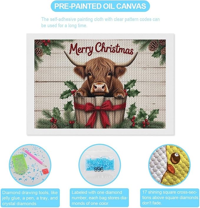 AIVKIEJK Diamond Painting Kits for Adults - Highland Cow Merry Christmas Painting DIY 5D Full Drill Diamond Dots Paintings with Diamonds Gem Art and Crafts Home Decor 8"x12"