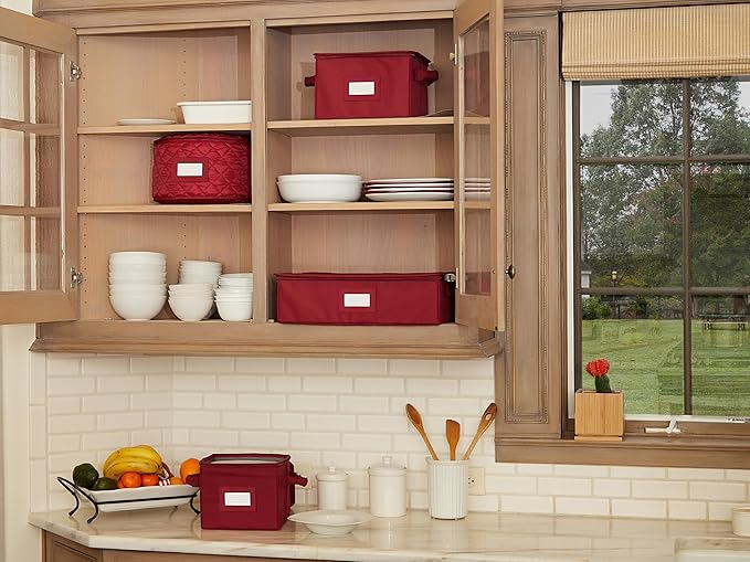 Covermates Cup and Mug Storage Box with Dividers, Stackable Organizer for Coffee Mugs & China Cups, Heavy-Duty Polyester with Handles, Zipper Closure & ID Window, Scarlett Red