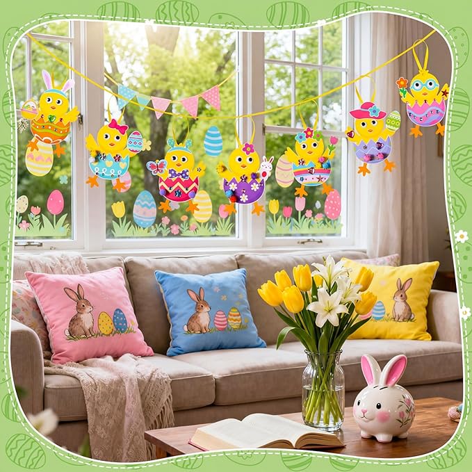 Funrous 48 Sets Easter Crafts Kit Easter Egg Chick Paper Crafts DIY Make Your Own Chick Hanging Ornaments Decorations with Pompoms Diamond Stickers Spring Classroom Activity Arts Gifts Party Favors