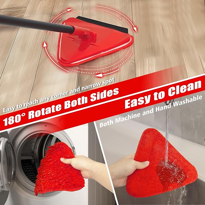 NEWE Wall Mop Cleaner, 80 inches Long Handle, 180° Folding Ceiling Cleaning Tool with Squeegee for Washing Painted Walls, Triangle Baseboard Scrubber with 3 Chenille Duster and 3 Microfiber Pads (Red)
