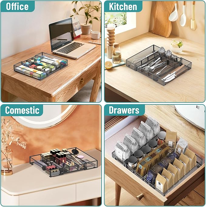 2 Pack Expandable Desk Drawer Organizer Tray with 10 Adjustable Compartments Metal Mesh Office Drawer Organizer for Home, School Supplies, Makeup Vanity & Jewelry (Black)