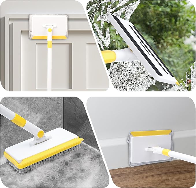Baseboard Cleaner Tool with Long Handle,Wall Cleaner Mop with Extendable Handle 1 Stiff Bristles mop Head and 4 Reusable Cleaning Pads，Duster for Cleaning Tile Ceiling Window Skirting Board