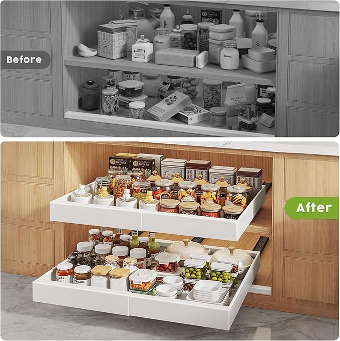 Seinloes 2 Pack Pull Out Cabinet Organizers 16.5" Deep With Raising Pad for Framed Cabinets,Expandable Slide Out Drawers Upgrade 3 Slide Rails,Roll Out Shelves,Adjustable Width 12.1"-20.45" White