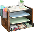 OPNCIE Desk Organizer and Accessories, 4-Tier Paper Letter Tray File Organizer with Drawer & 2 Pen Holder, Office Desk Accessories Workspace Desktop Organizer for Office Supplies(Brown)