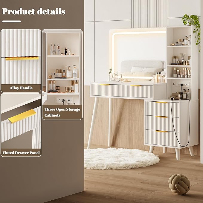 Vanity Desk with Mirror and Lights, Makeup Vanity Desk with Power Outlet, Makeup Desk with 5 Drawers&Storage Shelves, Vanity Table 3 Color Modes Adjustable Brightness Dressing Table Set for Bedroom