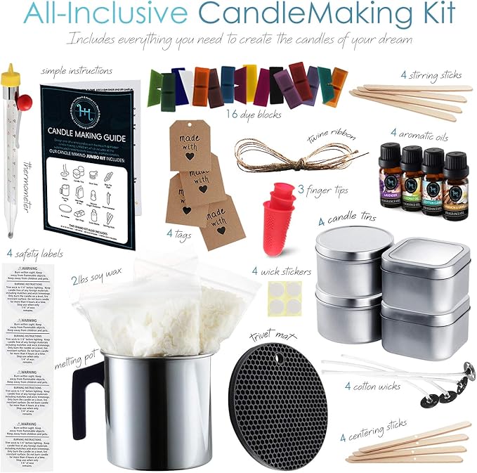 Hearth & Harbor DIY Candle Making Kit for Adults and Kids, Candle Making Supplies, 16 Oz. Soy Candle Wax Flakes, Complete Soy Candle Kit Making, Best Starter Candle Making Set