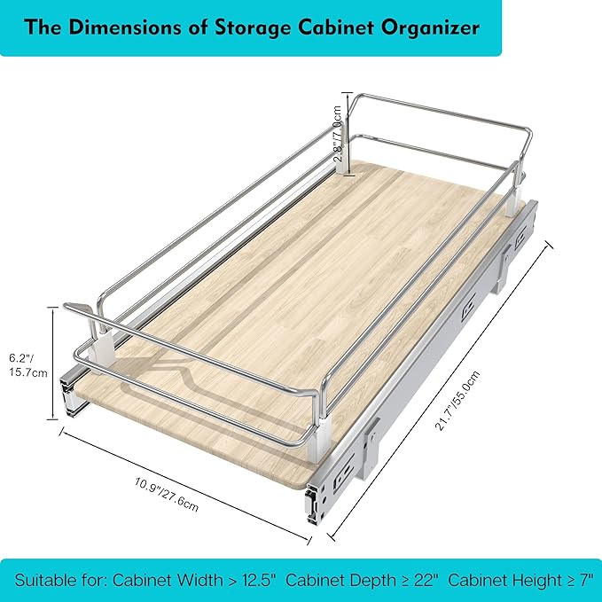 Pull Out Cabinet Organizer 11" W X 22" D, Slide Out Drawers For Kitchen Organizers and Storage, Pull Out Drawers For Cabinets Capacity Heavy Duty Caddy, Cabinet Shelves Wood Chrome, Pantry Storage