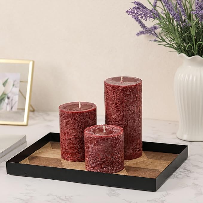 3x6 Inch Burgundy Pillar Candles Set of 3 - Hand-Poured Unscented Candles, Long Clean Burning, Dark Red Pillar Candle, Smokeless Dripless Candle for Dinner Table, Wedding, Home, Rustic Decor