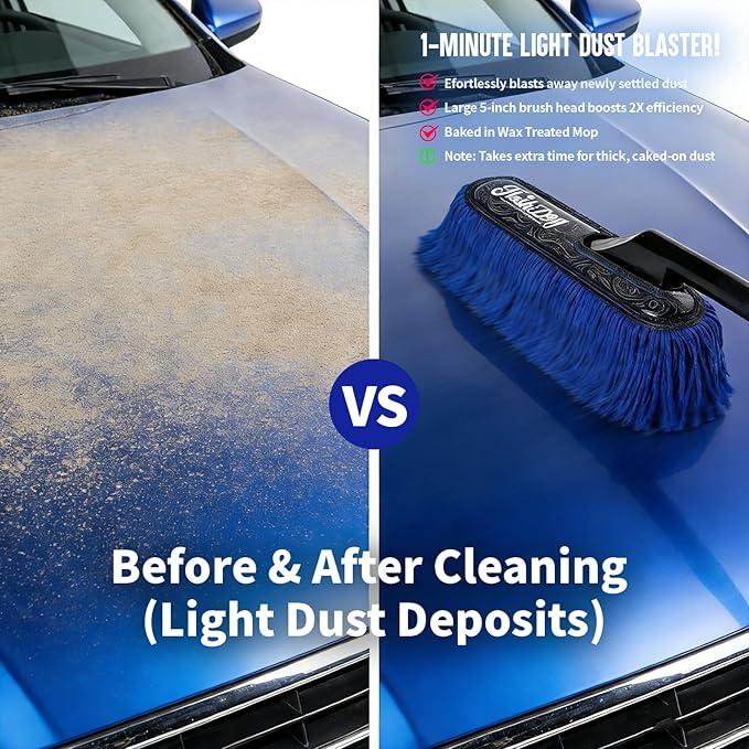 Flash Dog Car Duster Exterior Scratch Free, Waterless Cleaning Brush for Car Truck RV Boat, Gifts for Men Women, Storage Bag & Air Freshener - Wooden Handle Wax Cotton Duster