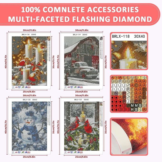 Skyboda 4 Pack Christmas Diamond Art Kits for Adults Beginners, 5D Full Drill DIY Diamond Dot Gem Art Kit Wall Home Decor Arts Craft 12x16 inch(Candles Truck Snowman Cardinal)