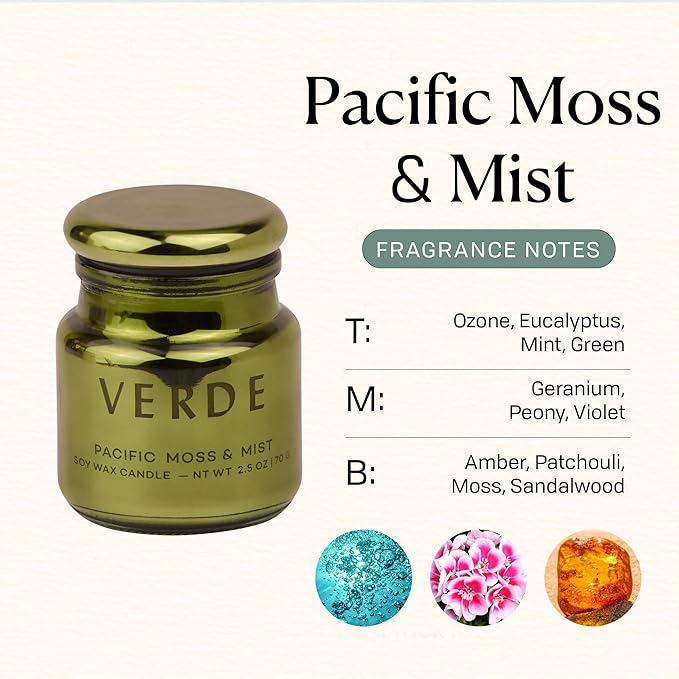 Paddywax Chroma Scented Candle with Lid in Reusable Metallic Etched Glass Jar, Clean- Burn Soy Candle with Approx. 14 Hour Burn Time, Green – Verde, Pacific Moss & Mist, 2.5 oz
