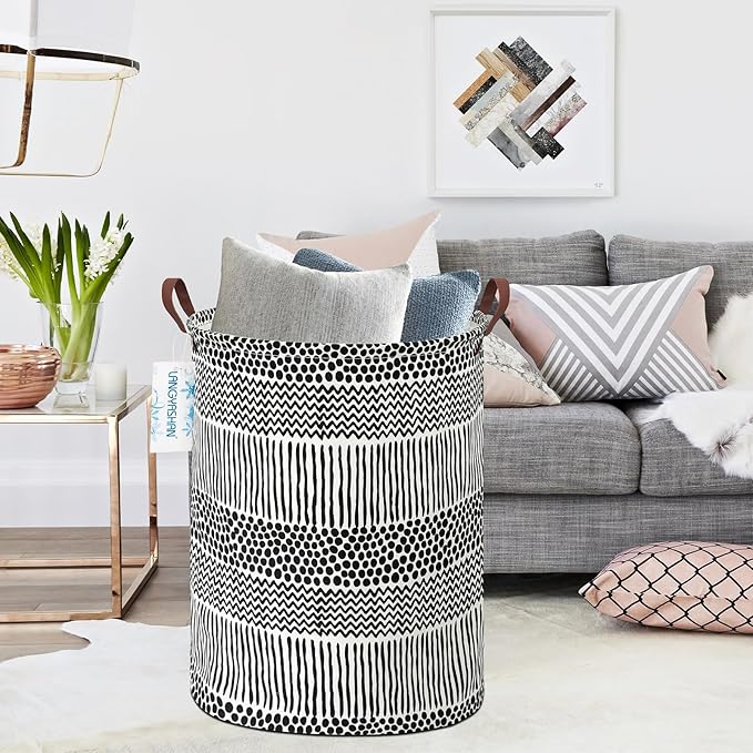 LANGYASHAN Laundry Basket Canvas Fabric Collapsible Organizer Basket for Storage Bin Toy Bins Gift Baskets Bedroom Clothes Children Nursery Hamper (Black line)