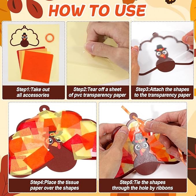 Qyeahkj 36 Set Thanksgiving Turkey Suncatchers Crafts for DIY Fall Window Tissue Paper Craft Kit Autumn Hanging Decor for Harvest Home Activity Art Project Birthday Party Favor Gift
