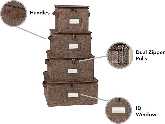 Covermates Dish Storage Box Set – China & Dinner Plate Storage Containers with Felt Dividers, Dual Zippers, Reinforced Handles, ID Window & Stackable Design, Brown Heather