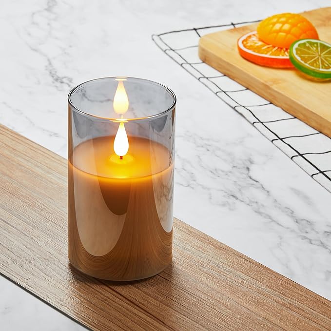 Flickering Flameless Candles, Rechargeable Battery Operated Candles with 3D Wick, Last 1000+ Hours LED Candle with Remote and Timer, Real Wax Candle, Grey Glass for Home, Christmas 3" x 6"