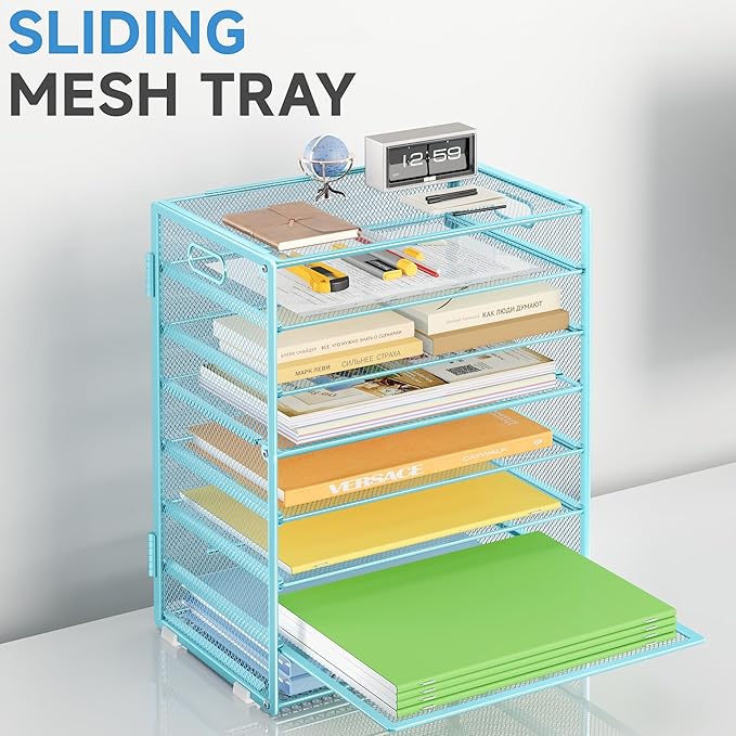 2 Pack 8 Tier Paper Organizer with Handle, Metal Mesh Desk File Organizer, Large Capacity Desk Organizers Paper Letter Tray Desktop Document Sorter for Office, Home or School - Blue