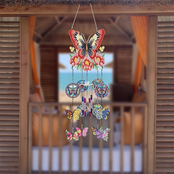 Butterfly Diamond Art Wind Chimes DIY Kits 5D Diamond Art Painting Wind Chime Hanging Ornament Set Double Sided Special Shaped Beads by Number Stitch Butterfly Wind Chime Pendant for Yard Home Decor