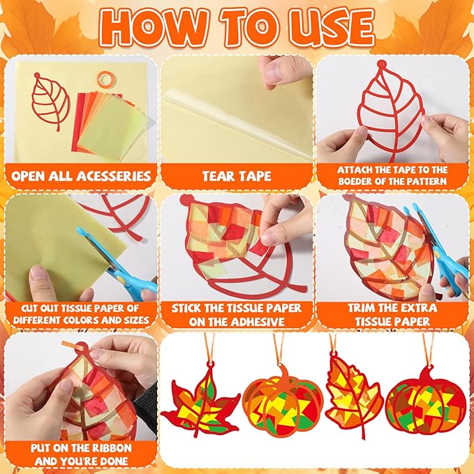 Qyeahkj 36 Set Fall Suncatchers Crafts for DIY Autumn Window Tissue Paper Crafts Kit Maple Leaves Pumpkin Hanging Decor for Thanksgiving Home Activity Art Project Birthday Party Favor Gift