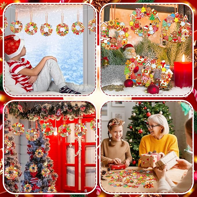 Hollowfly 48 Sets Christmas Wreath Craft Kits DIY Gingerbread Man Wreath Hanging Ornaments with Stickers for Christmas Xmas Party Supplies Favors Home Activities