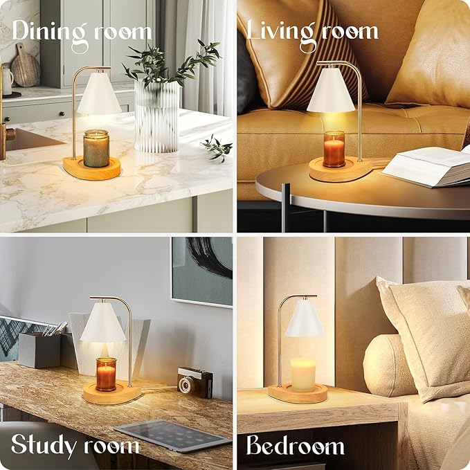 Aimoptg Candle Warmer Lamp with Retro Wooden Base - Home Decor Wax Melt for Small and Large Jar Candles, Candle Heater Lamp with 2 Bulbs, Dimmer and Timer Function-White