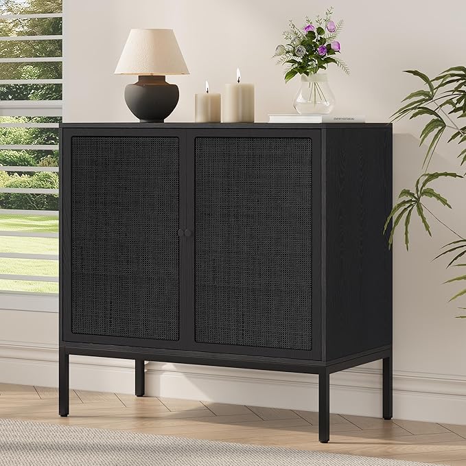 Yechen Set of 2 Full Black Rattan Cabinet, Farmhouse Sideboard Cabinet with Natural Rattan Decorated Doors, Accent Cane Credenza Buffet Console Storage, for Living Room Entryway Kitchen, Metal Legs