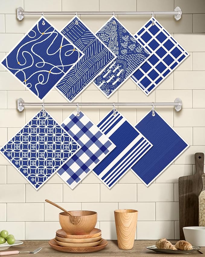 Miss Adola 8 Pack Reusable Kitchen Swedish Dishcloths for Washing Dishes Cloths Absorbent Fast Drying Cleaning Sponge Cute Decorate Washable Swedish Towels, Blue Line