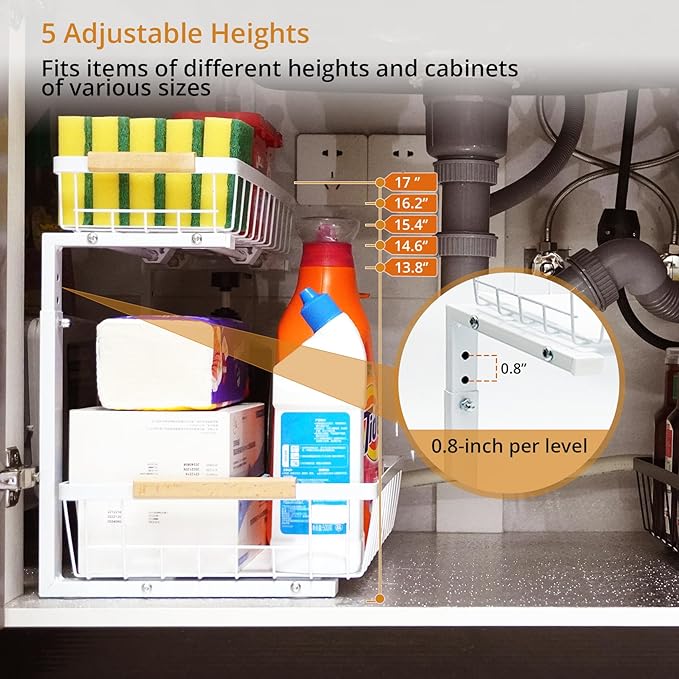 Under Sink Organizer, 2 Tier Pull Out Cabinet Organizers and Storage for Kitchen Bathroom Pantry Laundry, Adjustable Height, Slide Out Thickened Metal Storage Shelf (Black, 1 Pack)