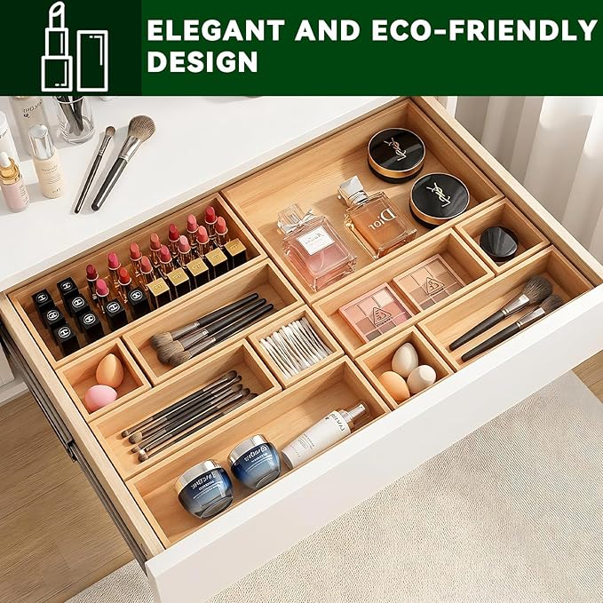 Bamboo Drawer Organizer 7 Pcs for Kitchen Multi-purpose Storage Dividers for Kitchen, Office, Jewelry, Cosmetics, Wooden Drawer Dividers for Drawer Organizer Desk Organizer Gift for Women Gifts Idea