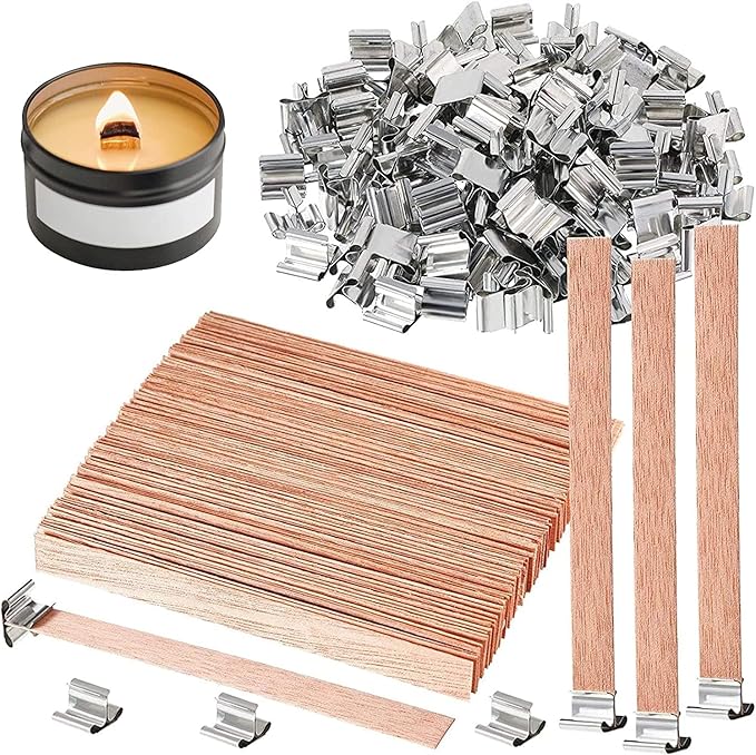 100 pcs Wooden Candle Wicks for Candle Making,6 inch Crackling Wood Wicks/Smokeless Candle Wick with Metal Base Clip 50 Sets