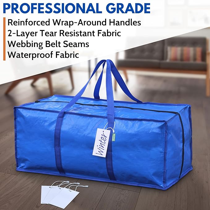 Creative Green Life Extra Large Moving Bags and Clothing Storage Bins with Strong Zipper & Carry Handles, Stackable, Heavy Duty Packing Moving Boxes for College Dorm Room Essentials (Blue, 8 Pack)