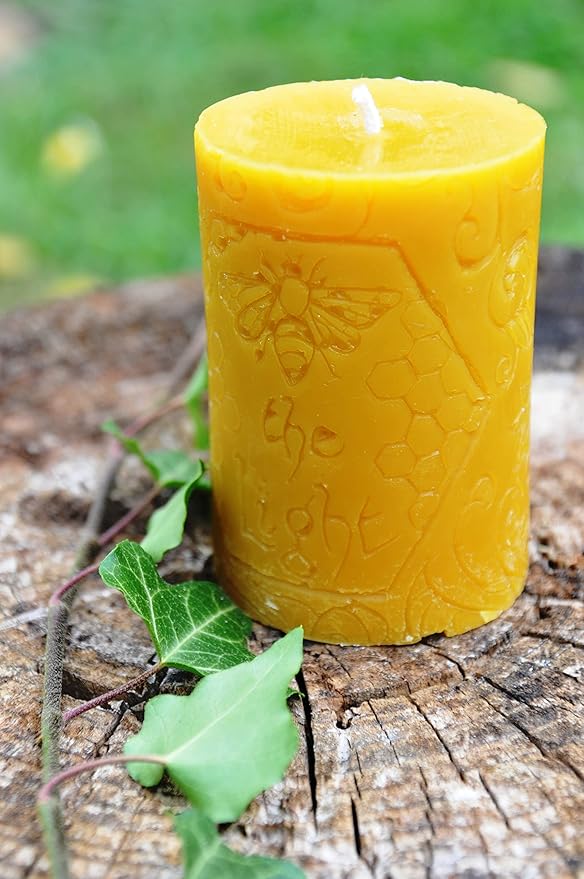 BeeTheLight Beeswax Pillar Candle - 100% Pure Bees Wax - Choose Your Size and Color - Up to 54 Hour Burn Time - Fits 3x4 Holder - Unscented - Natural Honey Scent (BeeTheLight Logo (Yellow), Medium)