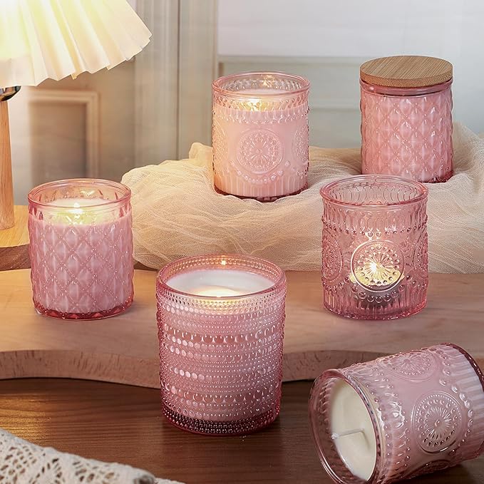 DARJEN 12 Pack Pink Candle Jars for Making Candles- 3 Styles Glass Candle Making Jars Bulk with Bamboo Lids and Labels, Candle Making Supplies Candle Vessels for DIY Gifts