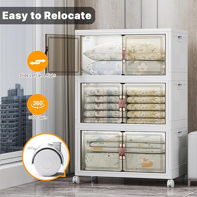 Stackable Storage Bins with Lids, 960QT Closet Organizers and Storage with Doors and Wheels, Extra Large Storage Cabinet, Collapsible Plastic Drawers for Bedroom Kitchen Office Garage