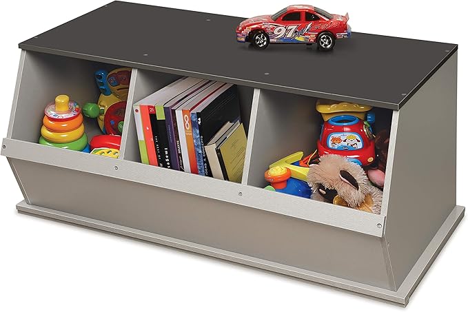 Badger Basket Three-Bin Stackable Storage Cubby – Woodgrain Gray, Expandable Storage with Top Display Shelf for Toys, Crafts & More